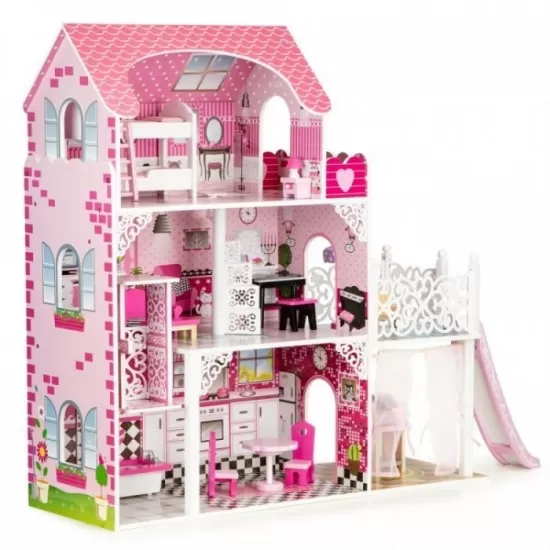 Casuta de papusi din lemn XXL cu lift si tobogan Ecotoys TL49059 Casuta de papusi din lemn XXL cu lift si tobogan Ecotoys TL49059