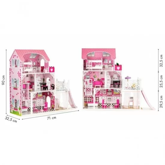 Casuta de papusi din lemn XXL cu lift si tobogan Ecotoys TL49059 Casuta de papusi din lemn XXL cu lift si tobogan Ecotoys TL49059