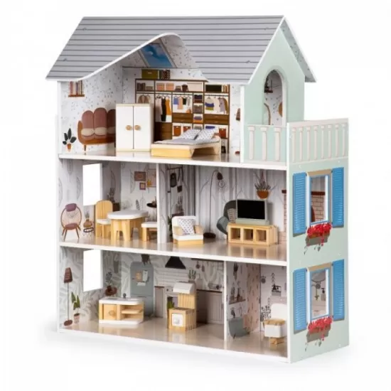 Casuta de papusi inalta din lemn cu mobilier Emma Ecotoys Casuta de papusi inalta din lemn cu mobilier Emma Ecotoys