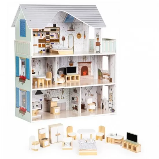 Casuta de papusi inalta din lemn cu mobilier Emma Ecotoys Casuta de papusi inalta din lemn cu mobilier Emma Ecotoys