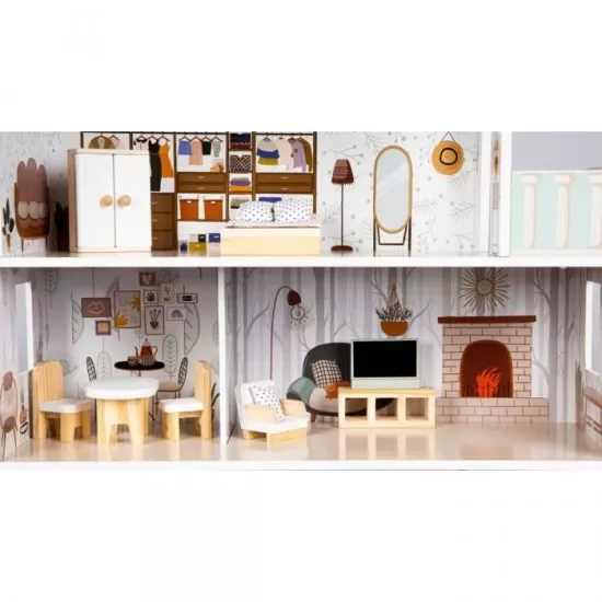 Casuta de papusi inalta din lemn cu mobilier Emma Ecotoys Casuta de papusi inalta din lemn cu mobilier Emma Ecotoys