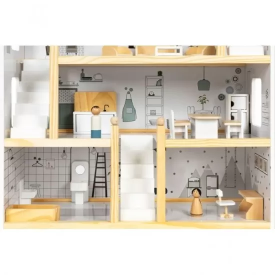 Casuta de papusi inalta din lemn cu mobilier Ecotoys W06A392 Casuta de papusi inalta din lemn cu mobilier Ecotoys W06A392