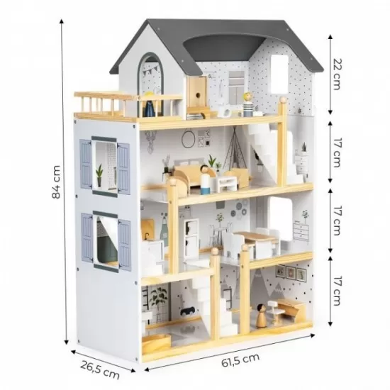 Casuta de papusi inalta din lemn cu mobilier Ecotoys W06A392 Casuta de papusi inalta din lemn cu mobilier Ecotoys W06A392