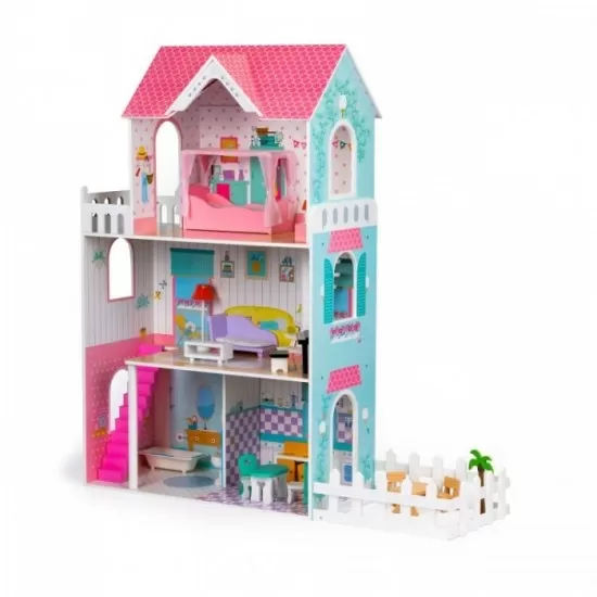 Casuta de papusi inalta din lemn cu mobilier si gradina Ecotoys Casuta de papusi inalta din lemn cu mobilier si gradina Ecotoys