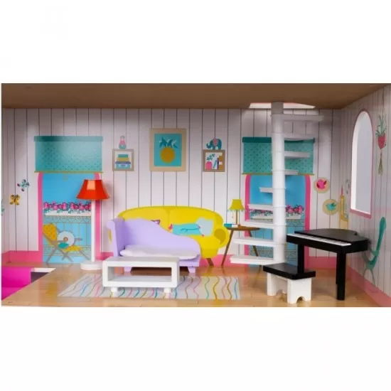 Casuta de papusi inalta din lemn cu mobilier si gradina Ecotoys Casuta de papusi inalta din lemn cu mobilier si gradina Ecotoys