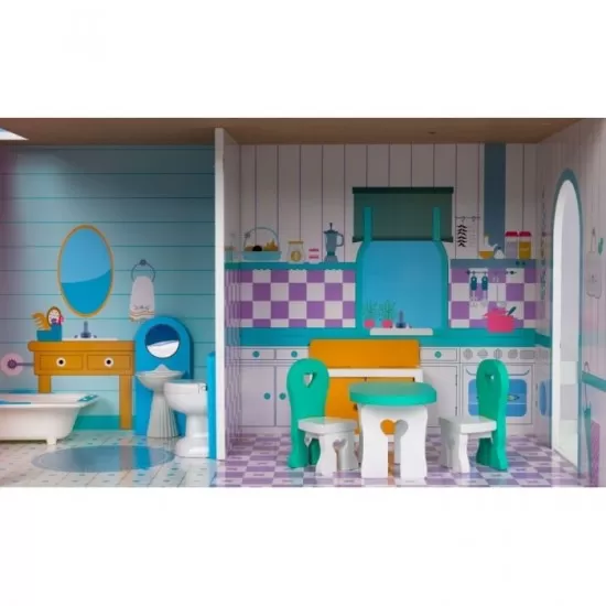 Casuta de papusi inalta din lemn cu mobilier si gradina Ecotoys Casuta de papusi inalta din lemn cu mobilier si gradina Ecotoys