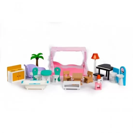 Casuta de papusi inalta din lemn cu mobilier si gradina Ecotoys Casuta de papusi inalta din lemn cu mobilier si gradina Ecotoys
