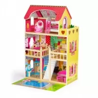 Casuta de papusi inalta din lemn cu mobilier si piscina Ecotoys
