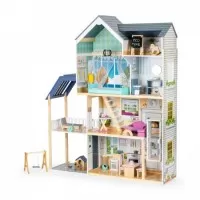 Casuta de papusi Maya din lemn cu mobilier, terasa, catel si leagan Ecotoys