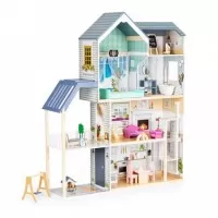 Casuta de papusi Maya din lemn cu mobilier, terasa, catel si leagan Ecotoys