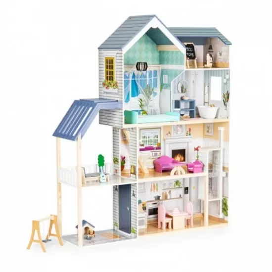 Casuta de papusi Maya din lemn cu mobilier, terasa, catel si leagan Ecotoys Casuta de papusi Maya din lemn cu mobilier, terasa, catel si leagan Ecotoys