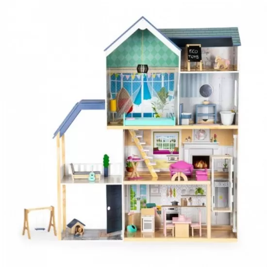Casuta de papusi Maya din lemn cu mobilier, terasa, catel si leagan Ecotoys Casuta de papusi Maya din lemn cu mobilier, terasa, catel si leagan Ecotoys
