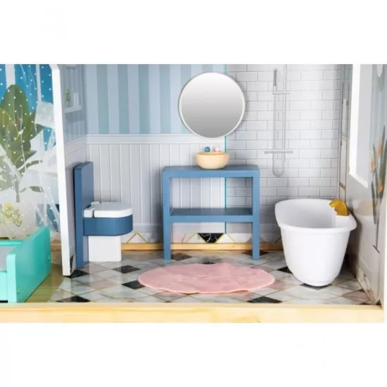 Casuta de papusi Maya din lemn cu mobilier, terasa, catel si leagan Ecotoys Casuta de papusi Maya din lemn cu mobilier, terasa, catel si leagan Ecotoys