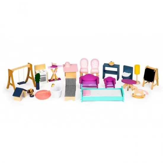 Casuta de papusi Maya din lemn cu mobilier, terasa, catel si leagan Ecotoys Casuta de papusi Maya din lemn cu mobilier, terasa, catel si leagan Ecotoys