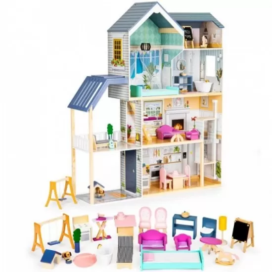 Casuta de papusi Maya din lemn cu mobilier, terasa, catel si leagan Ecotoys Casuta de papusi Maya din lemn cu mobilier, terasa, catel si leagan Ecotoys