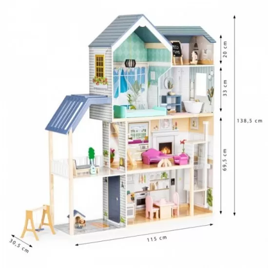 Casuta de papusi Maya din lemn cu mobilier, terasa, catel si leagan Ecotoys Casuta de papusi Maya din lemn cu mobilier, terasa, catel si leagan Ecotoys