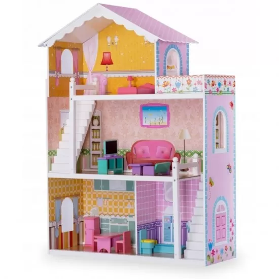 Casuta din lemn pentru papusi cu 3 etaje, mobilier si terasa Ricokids 7830 - Roz Casuta din lemn pentru papusi cu 3 etaje, mobilier si terasa Ricokids 7830 - Roz