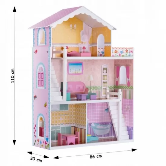 Casuta din lemn pentru papusi cu 3 etaje, mobilier si terasa Ricokids 7830 - Roz Casuta din lemn pentru papusi cu 3 etaje, mobilier si terasa Ricokids 7830 - Roz