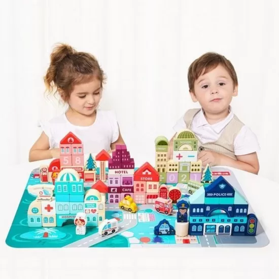 Centru de activitate orasel educational cu blocuri din lemn 121 piese Ecotoys Centru de activitate orasel educational cu blocuri din lemn 121 piese Ecotoys