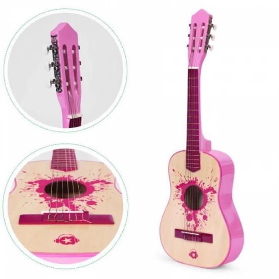 Chitara din lemn cu 6 corzi pentru copii, 86 x 31 cm, Ecotoys HX18026-34 - Roz