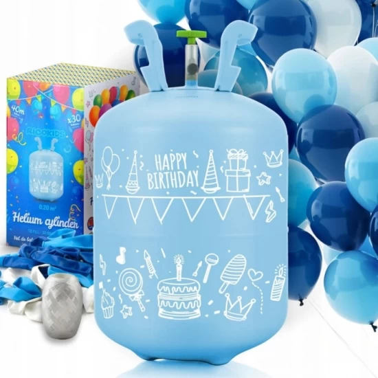 Cilindru cu heliu 0.20 m3 cu 30 de baloane si 40m panglica Ricokids pentru petreceri - Albastru Cilindru cu heliu 0.20 m3 cu 30 de baloane si 40m panglica Ricokids pentru petreceri - Albastru