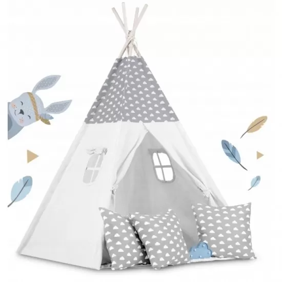 Cort de joaca pentru copii cu ghirlanda, 3 pernite si lampa LED norisor Ricokids 120 x 120 x 165 cm - Gri Cort de joaca pentru copii cu ghirlanda, 3 pernite si lampa LED norisor Ricokids 120 x 120 x 165 cm - Gri