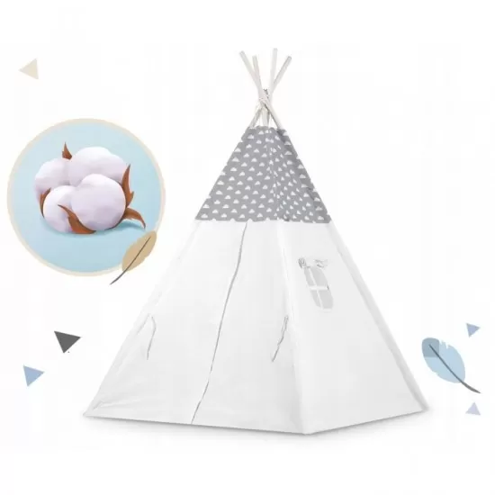 Cort de joaca pentru copii cu ghirlanda, 3 pernite si lampa LED norisor Ricokids 120 x 120 x 165 cm - Gri Cort de joaca pentru copii cu ghirlanda, 3 pernite si lampa LED norisor Ricokids 120 x 120 x 165 cm - Gri