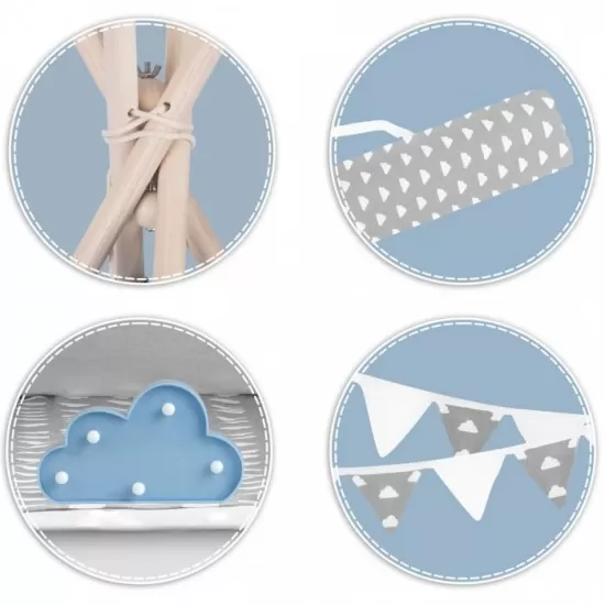 Cort de joaca pentru copii cu ghirlanda, 3 pernite si lampa LED norisor Ricokids 120 x 120 x 165 cm - Gri Cort de joaca pentru copii cu ghirlanda, 3 pernite si lampa LED norisor Ricokids 120 x 120 x 165 cm - Gri