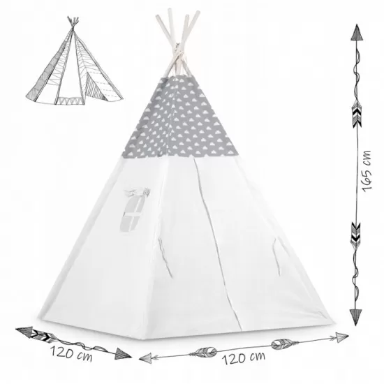 Cort de joaca pentru copii cu ghirlanda, 3 pernite si lampa LED norisor Ricokids 120 x 120 x 165 cm - Gri Cort de joaca pentru copii cu ghirlanda, 3 pernite si lampa LED norisor Ricokids 120 x 120 x 165 cm - Gri