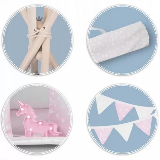 Cort de joaca pentru copii cu ghirlanda, 3 pernite si lampa LED unicorn Ricokids 120 x 120 x 165 cm - Roz Cort de joaca pentru copii cu ghirlanda, 3 pernite si lampa LED unicorn Ricokids 120 x 120 x 165 cm - Roz