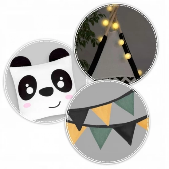 Cort de joaca pentru copii cu ghirlanda, lumini si 2 pernite Nukido 120 x 120 x 160 cm - Panda Cort de joaca pentru copii cu ghirlanda, lumini si 2 pernite Nukido 120 x 120 x 160 cm - Panda