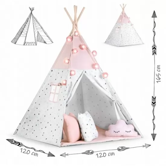 Cort de joaca pentru copii cu ghirlanda, lumini si 3 pernite Nukido 120 x 120 x 165 cm - Roz Cort de joaca pentru copii cu ghirlanda, lumini si 3 pernite Nukido 120 x 120 x 165 cm - Roz
