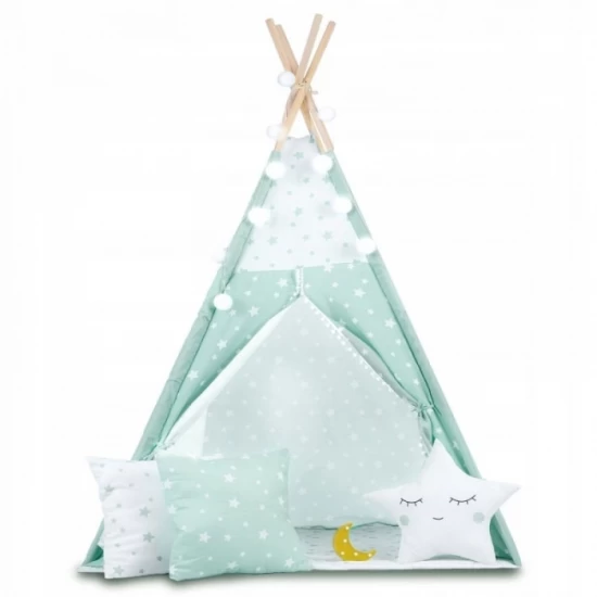 Cort de joaca pentru copii cu ghirlanda, lumini si 3 pernite Nukido 120 x 120 x 165 cm - Mint Cort de joaca pentru copii cu ghirlanda, lumini si 3 pernite Nukido 120 x 120 x 165 cm - Mint