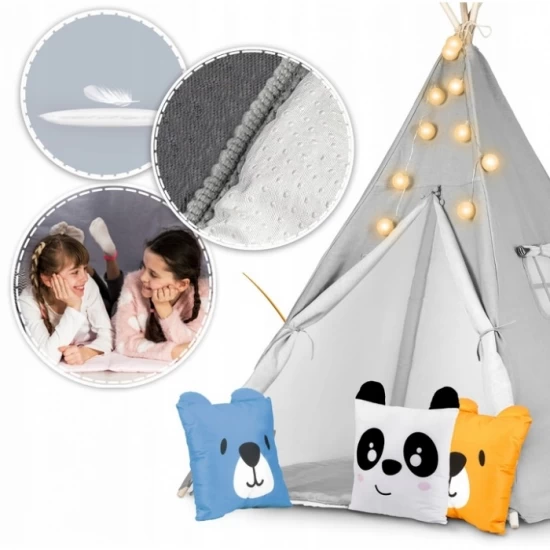 Cort de joaca pentru copii cu ghirlanda, lumini si 3 pernite Nukido 120 x 120 x 165 cm - Gri Cort de joaca pentru copii cu ghirlanda, lumini si 3 pernite Nukido 120 x 120 x 165 cm - Gri