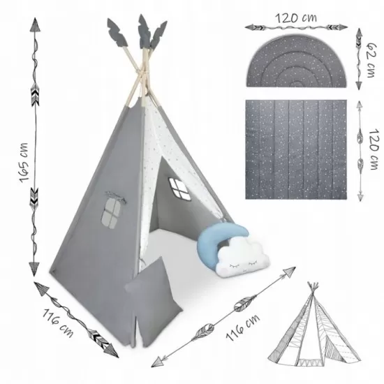 Cort de joaca pentru copii cu ghirlanda, salteluta si 3 pernite Nukido 116 x 116 x 165 cm - Gri Cort de joaca pentru copii cu ghirlanda, salteluta si 3 pernite Nukido 116 x 116 x 165 cm - Gri