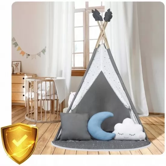 Cort de joaca pentru copii cu ghirlanda, salteluta si 3 pernite Nukido 116 x 116 x 165 cm - Gri Cort de joaca pentru copii cu ghirlanda, salteluta si 3 pernite Nukido 116 x 116 x 165 cm - Gri