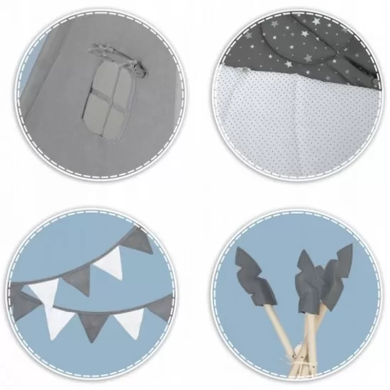 Cort de joaca pentru copii cu ghirlanda, salteluta si 3 pernite Nukido 116 x 116 x 165 cm - Gri Cort de joaca pentru copii cu ghirlanda, salteluta si 3 pernite Nukido 116 x 116 x 165 cm - Gri
