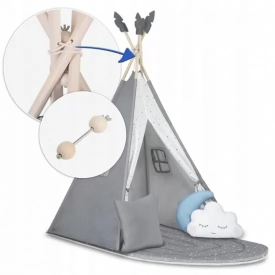 Cort de joaca pentru copii cu ghirlanda, salteluta si 3 pernite Nukido 116 x 116 x 165 cm - Gri Cort de joaca pentru copii cu ghirlanda, salteluta si 3 pernite Nukido 116 x 116 x 165 cm - Gri