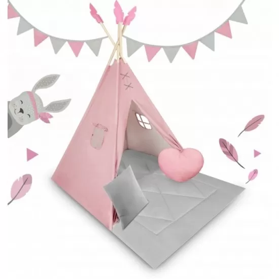 Cort de joaca pentru copii cu ghirlanda si 2 pernite Nukido 116 x 116 x 165 cm - Roz Cort de joaca pentru copii cu ghirlanda si 2 pernite Nukido 116 x 116 x 165 cm - Roz