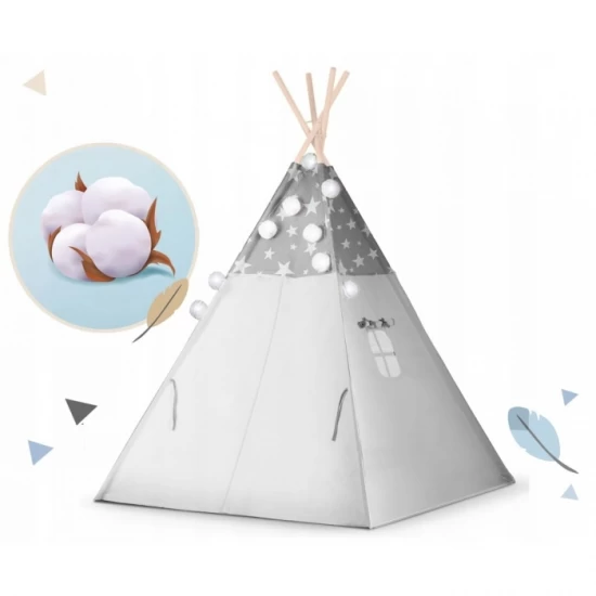 Cort de joaca pentru copii cu ghirlanda si lumini Nukido 120 x 120 x 165 cm - Gri cu stelute Cort de joaca pentru copii cu ghirlanda si lumini Nukido 120 x 120 x 165 cm - Gri cu stelute