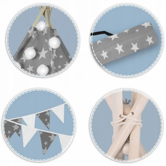 Cort de joaca pentru copii cu ghirlanda si lumini Nukido 120 x 120 x 165 cm - Gri cu stelute Cort de joaca pentru copii cu ghirlanda si lumini Nukido 120 x 120 x 165 cm - Gri cu stelute