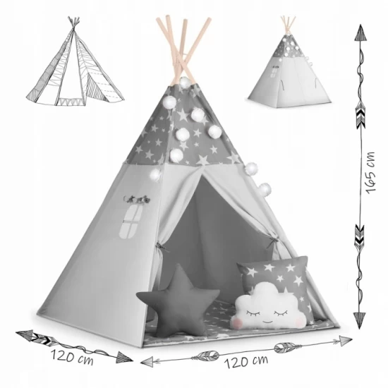 Cort de joaca pentru copii cu ghirlanda si lumini Nukido 120 x 120 x 165 cm - Gri cu stelute Cort de joaca pentru copii cu ghirlanda si lumini Nukido 120 x 120 x 165 cm - Gri cu stelute