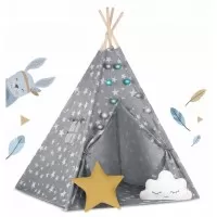 Cort de joaca pentru copii cu lumini si 2 pernite Nukido 120 x 120 x 165 cm - Gri cu stelute 