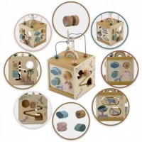 Cub educational din lemn cu diverse activitati, 15.5 x 17 cm, Nukido
