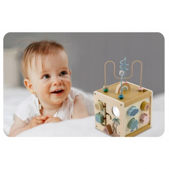 Cub educational din lemn cu diverse activitati, 15.5 x 17 cm, Nukido Cub educational din lemn cu diverse activitati, 15.5 x 17 cm, Nukido
