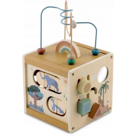 Cub educational din lemn cu diverse activitati, 15.5 x 17 cm, Nukido Cub educational din lemn cu diverse activitati, 15.5 x 17 cm, Nukido