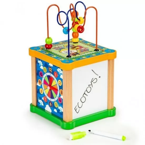 Cub educational din lemn cu tabla Ecotoys HM015473 Cub educational din lemn cu tabla Ecotoys HM015473
