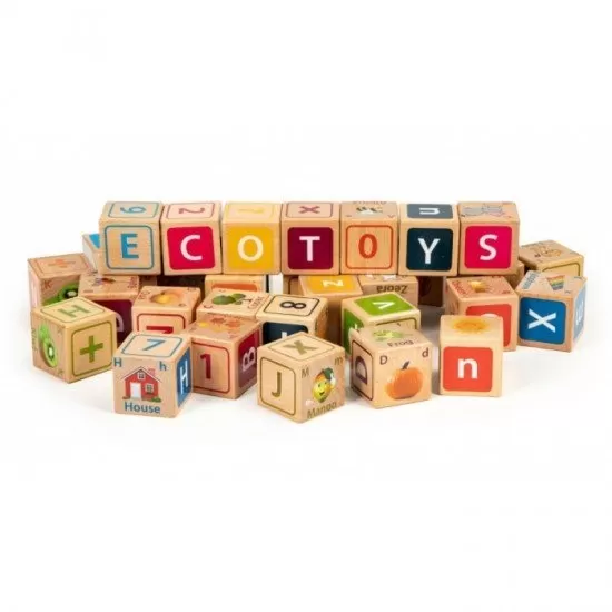 Set cuburi din lemn cu litere, cifre si imagini 32 piese Ecotoys HM014520 Set cuburi din lemn cu litere, cifre si imagini 32 piese Ecotoys HM014520