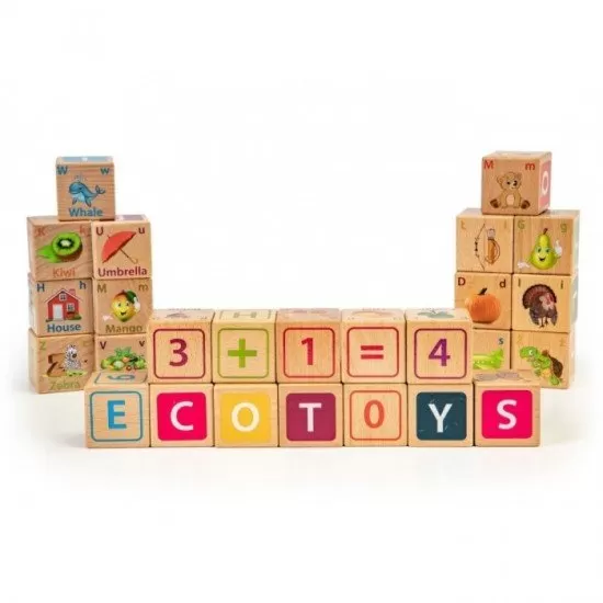 Set cuburi din lemn cu litere, cifre si imagini 32 piese Ecotoys HM014520 Set cuburi din lemn cu litere, cifre si imagini 32 piese Ecotoys HM014520