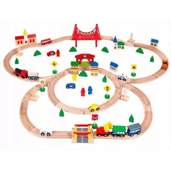 Joc circuit din lemn cu trenulet si masinute 90 piese Ecotoys Joc circuit din lemn cu trenulet si masinute 90 piese Ecotoys